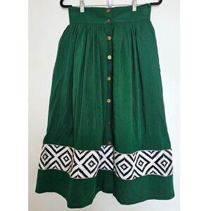 Ikalook High-Waisted A-Line African Emerald Midi Skirt w/ Headband, 28”/US 8/M